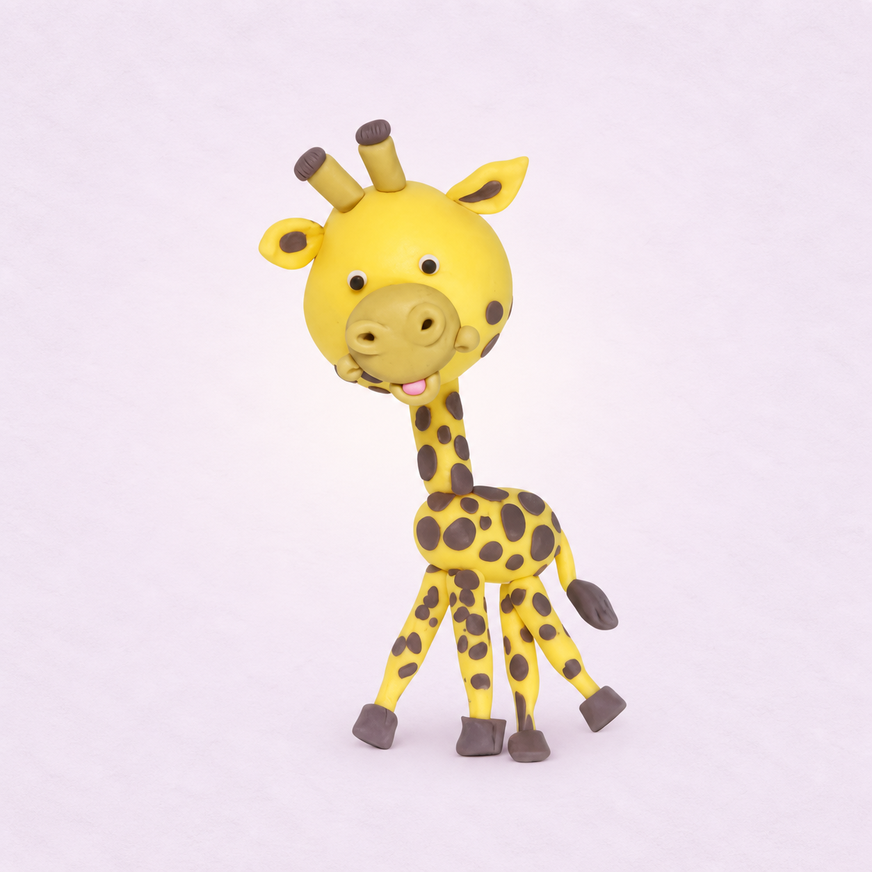 Girafa modelada em massinha sobre fundo lilás