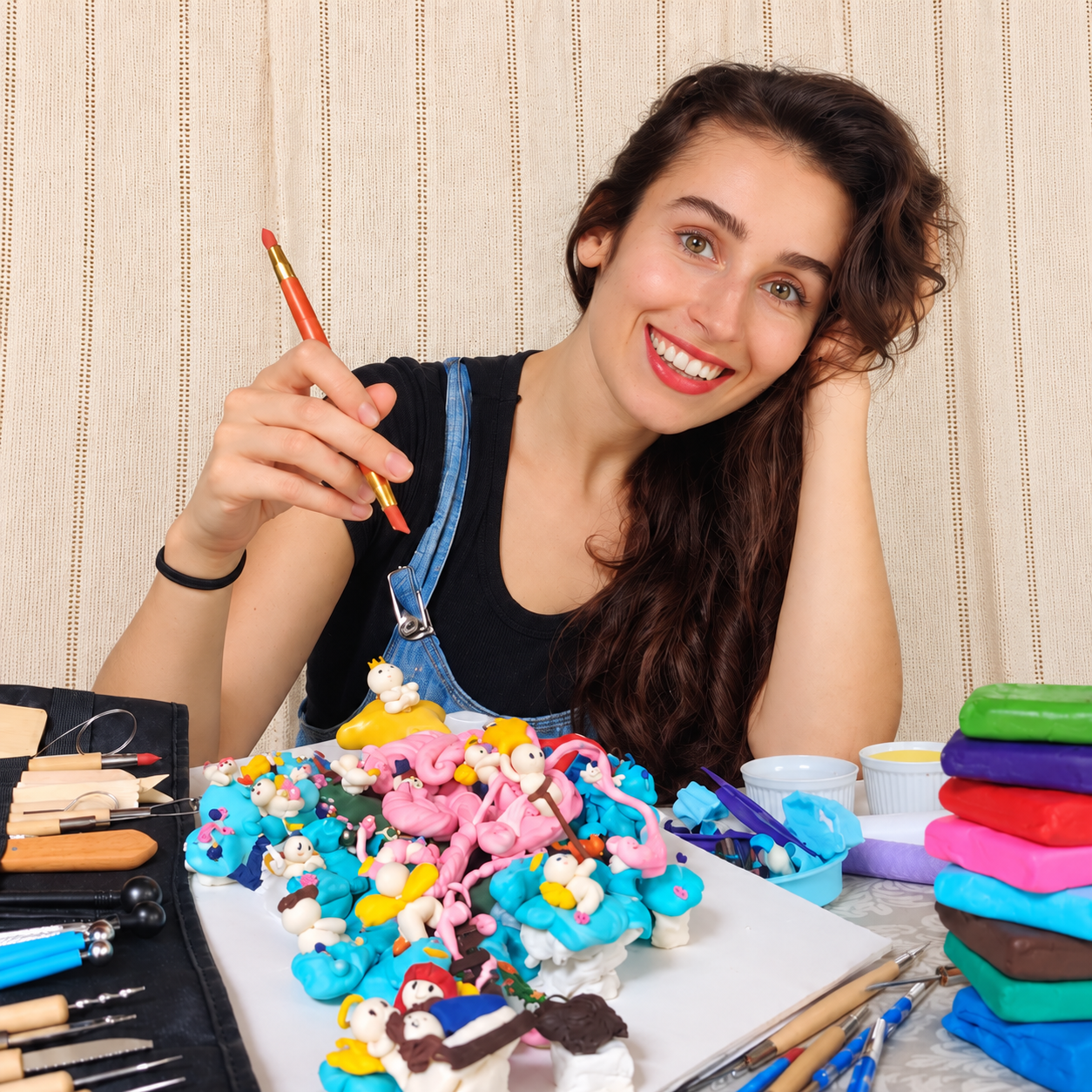 Rebeca Modena criando ilustrações em massinha em seu ateliê